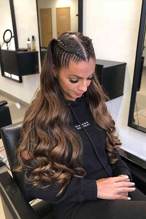 Two-Braid and Middle Part Graduation Style with Rings for Long Waves Ponytail Hairstyles For Graduation, Hairstyles For Graduation, Trendy Ponytail, Ponytail Hairstyle Ideas, Half Braided Hairstyles, Waterfall Hairstyle, Half Braid, Two Braid Hairstyles, Ponytail Hairstyles Easy