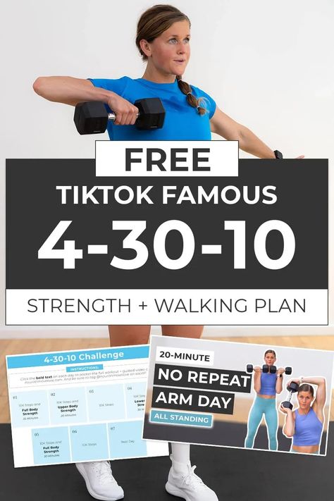 The "4-30-10" Method went viral on TikTok as a way to transform your health, lose weight, build muscle and increase muscle tone. As a fitness trainer I can stand behind this workout trend and thought it was worth creating a free, 7-day, “4-30-10” workout plan. Pvolve Workout, 10k Steps A Day, Beginner Workout Video, Barre Workout Video, Free Workout Programs, Pregnancy Workout Videos, Hiit Workout Videos, Go Viral On Tiktok, Free Workout Plans