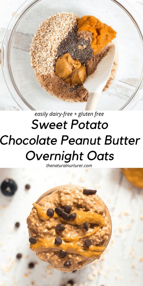 Chocolate Peanut Butter Overnight Oats, Natural Nurturer, Sweet Potato Chocolate, Peanut Butter Overnight Oats, Gluten Free Sweet Potato, Oat Recipes Healthy, White Chocolate Recipes, Overnight Oats Recipe Healthy, Peanut Butter Roll