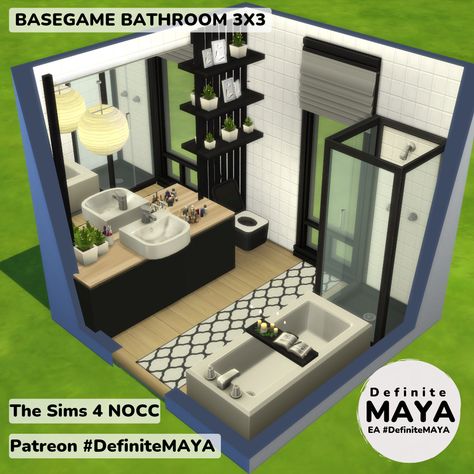 3x3 Sims Bathroom, Sims 4 Laundry Room Ideas No Cc, Bathroom 3x3, The Sims 4 Bathroom, Sims4 Inspiration, Sims Bathroom, Teen Bathrooms, Lotes The Sims 4, Sims Challenge