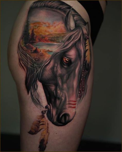 Horse Half Sleeve Tattoo, Horse Tattoo On Thigh, Aztec Horse Tattoo, Horse Tattoo Ideas For Women Leg, Indian Horse Tattoo Native Americans, Horse Tattoo Thigh, Two Horses Tattoo, Horse And Sunflower Tattoo, Horse Sleeve Tattoos For Women