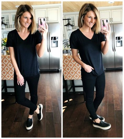 Black Top + Black Crop Skinny Jeans + Black Slip On Shoes // All Black Outfit // Perfect V Neck Tee // Comfy Flats // Black Flats #shopthelook #sscollective #blackvnecktee #perfectvnecktee #blackcropskinnyjeans #blacksliponshoes #allblackoutfit #Comfyflats #blackflats Beauty School Outfits, Black Slip On Sneakers Outfit, Black Sneakers Outfit, All Black Outfits For Women, Sneakers Outfit Summer, Black Slip On Sneakers, Stylist Outfit, Black Slip On, Outfit Black