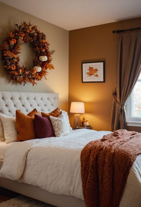 Fall is here, and it’s time to cozy up your bedroom to match the changing season!  As the leaves turn golden and the air gets … Thanksgiving Bedroom Decor, Fall Bedroom Decor Aesthetic, Thanksgiving Bedroom, Bedroom Decor Aesthetic, Cosy Fall, Fall Decor Bedroom, Cozy Fall Bedroom, Fall Bedroom Decor, Bedroom Aesthetics