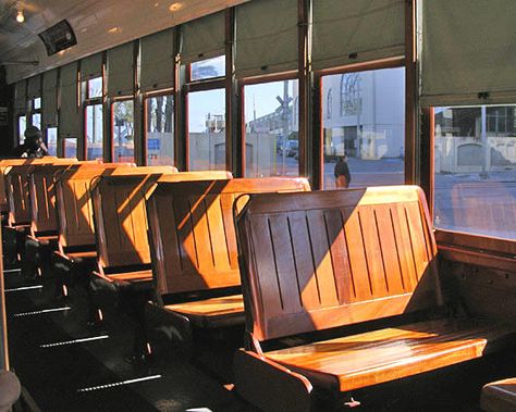 reversible bench seat in New Orleans trolley -- seat base slides slightly to form comfortable angle Base Slides, Jungle Train, Train Concept, Nomadic Lifestyle, Garage Renovation, Garden Railway, Boat Projects, Japan Street, Train Depot