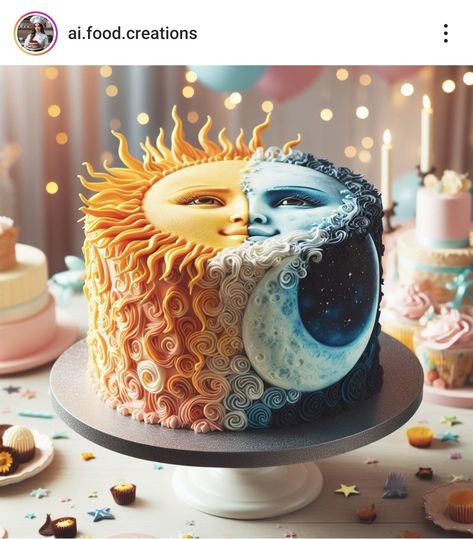 Ying Yang Birthday Cake, September Birthday Cake, Cooking Vibes, Gothic Cakes, Moon Food, Gothic Cake, Sun Cake, Galaxy Cake, Piping Nozzles