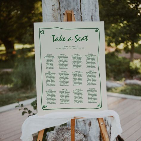 Retro Handwritten Green Seating Chart Foam Board Template Fun Whimsical Wedding, Eclectic Wedding Seating Chart, Diy Seating Chart Board, Retro Wedding Seating Chart, Lattice Seating Chart, Whimsical Seating Chart, Whimsical Wedding Seating Chart, Wedding Decor 2024, Wedding Seating Chart Ideas Diy