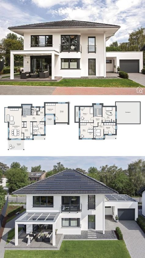 2 Floor House Design, Family House Architecture, Family House Design, House Plans 4 Bedroom, European Houses, House With Garage, 2 Story Garage, 4 Bedroom House Designs, Modern Japanese Architecture