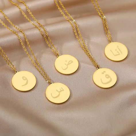 Arabic Initial Necklace Arabic Name Necklace Custom Name Necklace Arabic Alphabet Necklace Gift for Her islamic gifts Hip Hop Bling, Initial Necklaces, Box Necklace, Hip Hop Outfits, Arabic Language, Islamic Gifts, Engraved Necklace, Stainless Steel Pendant, Initial Pendant