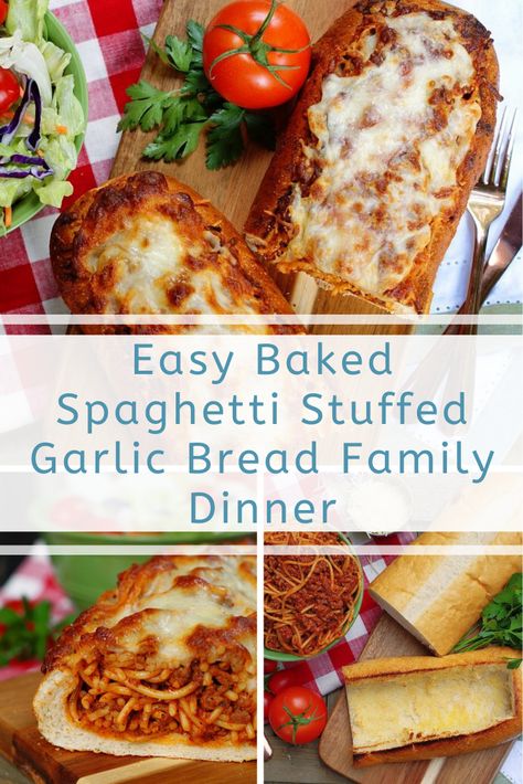 Pasta Stuffed Bread, Spaghetti Garlic Bread, Spaghetti Stuffed Garlic Bread, Spaghetti Bread, Supper Idea, Stuffed Garlic Bread, Weekday Recipes, Easy Baked Spaghetti, College Budget