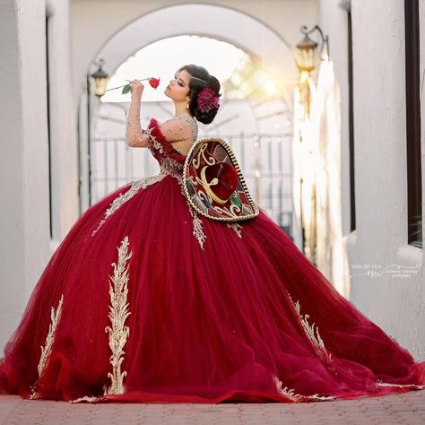 Quinceanera Dresses Maroon, Charra Quinceanera Dresses, Mariachi Quinceanera Dress, Bridal Dress Pakistani, Red Quinceanera Ideas, Quince Dresses Champagne, Vestido Charro, Mexican Quinceanera, Mexican Quinceanera Dresses