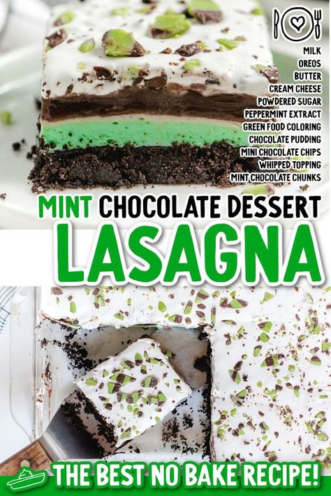 MINT CHOCOLATE LASAGNA Mint Chip Desserts, Cool Whip Topping, Mint Chocolate Recipes, Baked Chocolate Pudding, Mint Chocolate Desserts, Dessert Lasagna, Candy Cane Dessert, Mint Cheesecake, Chocolate Pie With Pudding