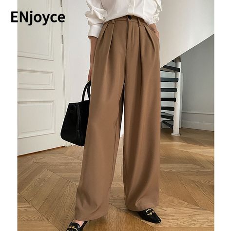 Brown Wide Leg Pants, Fall Outfits Pinterest, Wide Leg Suit Pants, Suit Brown, Fall Suit, Summer Bottoms, Color Pants, Solid Color Pants, White Dress Party