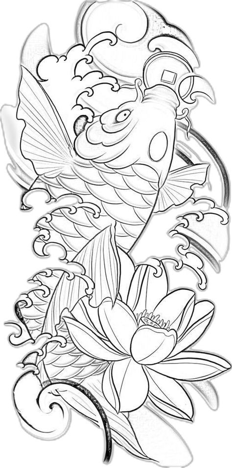 ငါးကြင်း Tattoo Black, ငါးကြင်း Tattoo, Koi Fish Tattoo Outline, Koi Fish Tattoo Drawing, Black Koi Tattoo, Japanese Tattoo Stencil, Koi Stencil, Tatto Koi, Koi Fish Drawing Tattoo