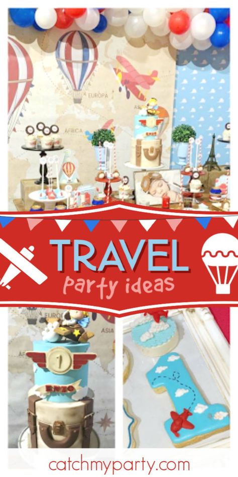 Vintage Travel Party, Plane Party, Vintage Party Ideas, Hot Air Balloon Party, Travel Baby Showers, World Countries, Baby Boy Shower Party, Country Birthday, Travel Party Theme