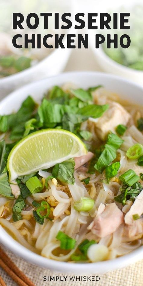 This easy, rotisserie chicken pho recipe is a quick version of the authentic Vietnamese soup. You can make the homemade broth as spicy as you want, and it can easily be made gluten free! #pho #rotiserriechicken Pho Soup Recipe Chicken, Rotisserie Chicken Pho, Pho Recipe Easy, Pho Soup Recipe Easy, Dairy Free Clam Chowder, Prasad Recipe, Fish Sauce Recipe, Chicken Pho Recipe, Chicken Pho Soup