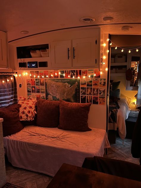 Our 30 ft travel trailer. Rv Travel Trailer Remodel, Camper Decorations Rv Decor, Cute Camper Decorating Ideas, Interior Trailer Remodel, Living In A Small Camper Full Time, Trailer Room Ideas, Rv Living Full Time Outdoor Decor, How To Decorate A Trailer House, Rv Halloween Decorating Ideas Inside