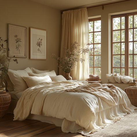 Bedroom With Cream Walls, Light Brown Furniture Bedroom, Married Room Decor, Cream Room Aesthetic, Ivory Bedroom Ideas, Cozy Master Bedrooms Decor Romantic, Dreamy Bedrooms Romantic, Cozy Natural Bedroom, Antique White Bedroom