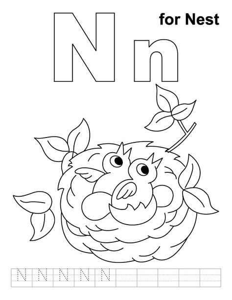 N for nest coloring page with handwriting practice N Coloring Pages, N Is For Nest, Letter A Coloring Pages, Kids Handwriting Practice, The Letter N, Kindergarten Coloring Pages, Alphabet Activities Preschool, Preschool Letters, Alphabet Coloring Pages