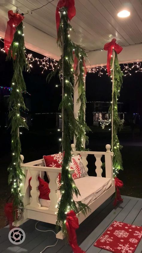 Front Porch Christmas Swing Bed Cedar Garland -@RochelleRaeDesigns | Christmas porch, Christmas decorations, Christmas lights Cedar Garland, Swing Bed, Front Porch Christmas, Christmas Tablescape, Christmas Front Porch, Christmas Porch Decor, Christmas Decorations Diy Outdoor, 12 December, Christmas Porch