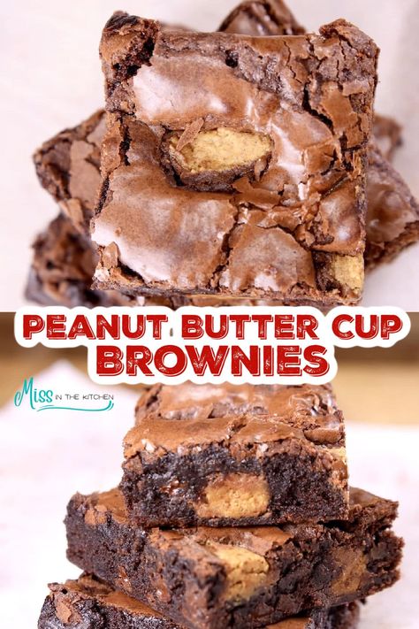 These Peanut Butter Cup Brownies are quick and easy to make, just perfect for every occasion. Delicious enough for holidays and celebrations and simple to make any day of the week with a box mix and pb cups. Brownie Recipes With Peanut Butter, Homemade Reese’s Peanut Butter Cup Brownies, Chocolate Peanut Butter Brownies Easy, Reese’s Brownies, Box Brownie Recipes, Peanut Butter Brownies Box Recipes, Box Brownie Mix Ideas, Peanut Butter Brownies Recipe, Peanut Butter Cup Brownies