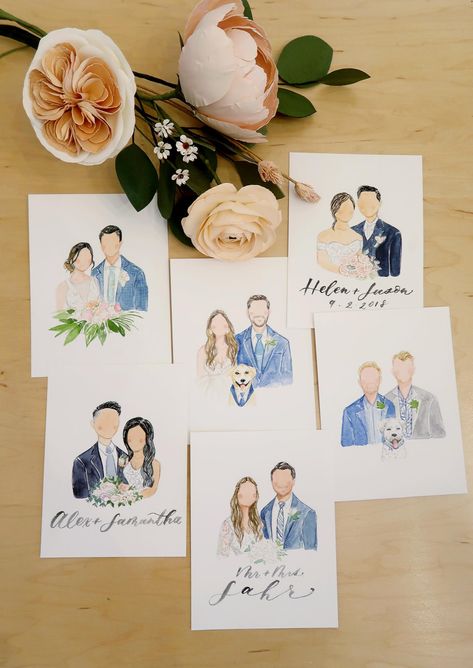 Watercolor Portrait Illustration, Couple Illustration Watercolor, Watercolor Painting Wedding, Watercolour Family Portrait, Wedding Painting Ideas Gift, Watercolor Guest Portraits, Faceless Portrait Painting Canvases, Watercolor Art Gift Ideas, Watercolor People Illustration