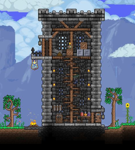 West watch tower (there's an identical one on the other side of NPC town). Made with «Chad's Furniture Mod» and «Jenosis' Furniture, Food and Fun Mod». Terraria Battle Arena, Terraria Tower Design, Terraria Castle Design, Terraria Furniture, Terraria Castle Ideas, Terraria Trophy Room, Castle Terraria, Terraria Tower, Terraria Npc House Ideas