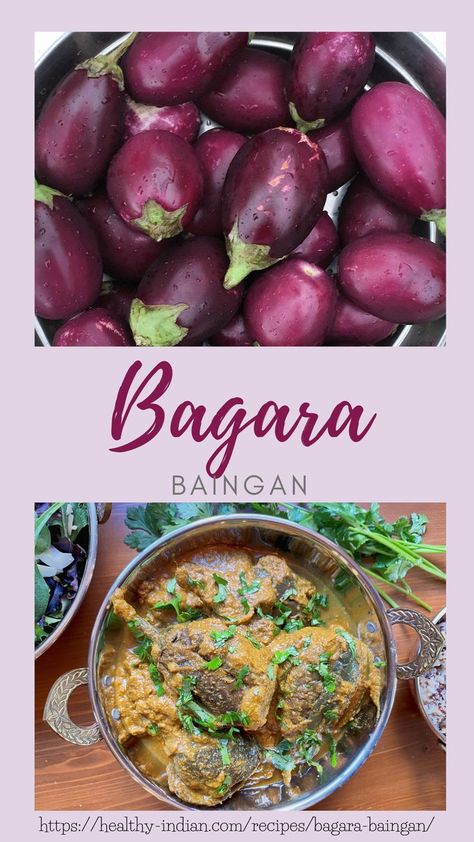 The Deccan Plateau has gifted the world with some amazing culinary delights. One of the most popular and super delicious is the Bagara Baingan. The very thought of this dish is enough to make tongues drool and eyes to mist in nostalgia. Eggplants (the small, purple, round variety) are marinated in a wonderful blend of seeds and spices. A must try! Give me a shoutout if you've tried this dish. Purple Eggplant Recipes, Bagara Baingan, Baingan Masala, Purple Eggplant, Eggplant Dishes, Ginger Nut, Vegetarian Chili, Eggplant Recipes, Herbs And Spices