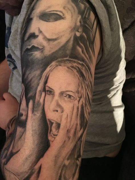 Lori strode from Michael myers Halloween tattoo, Jamie Lee Curtis scene inspired by mothers scene in the film psycho, part of whole arm sleeve Laurie Strode Tattoo, Lori Strode, Halloween Tattoo, Lee Curtis, Horror Tattoo, Jamie Lee Curtis, Michael Myers Halloween, Jamie Lee, Halloween Tattoos