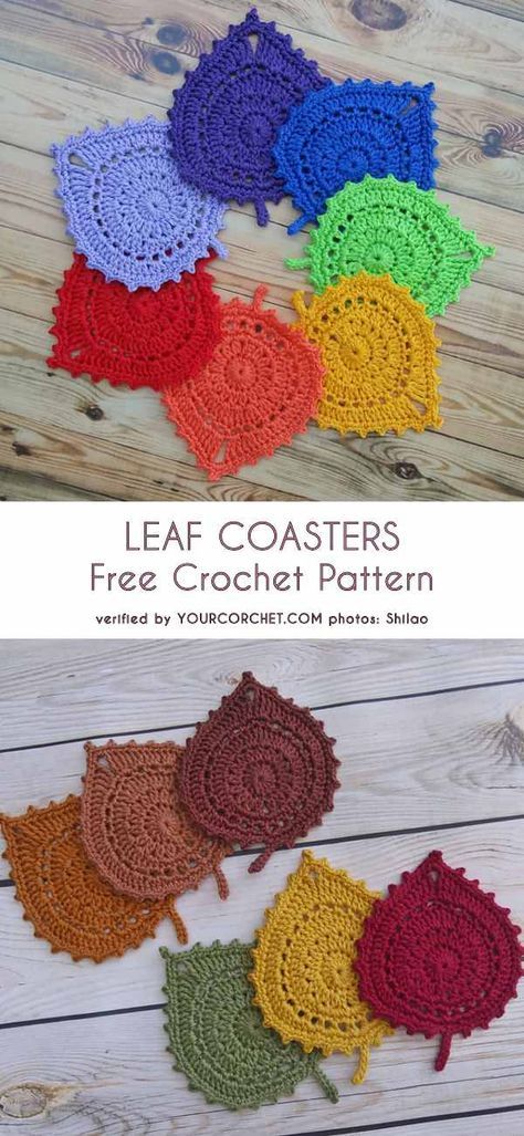 Corak Krusye, Wool Ornaments, Leaf Coasters, Crochet Autumn, Crocheted Coasters, Crochet Pineapple, Crochet Puff Flower, Crochet Coasters Free Pattern, Crochet Coaster Pattern