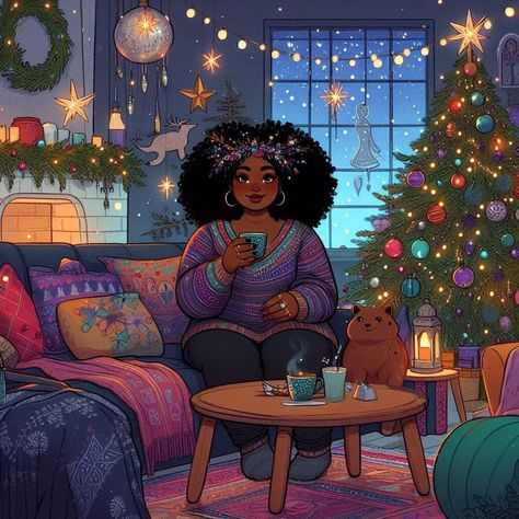 Plus Size Black Women Art, Christmas Aesthetic Black People, Crush Hacks, Black People Christmas, Black Women Christmas, Black Love Artwork, Melanin Art, Affirmation Art, Plus Size Art