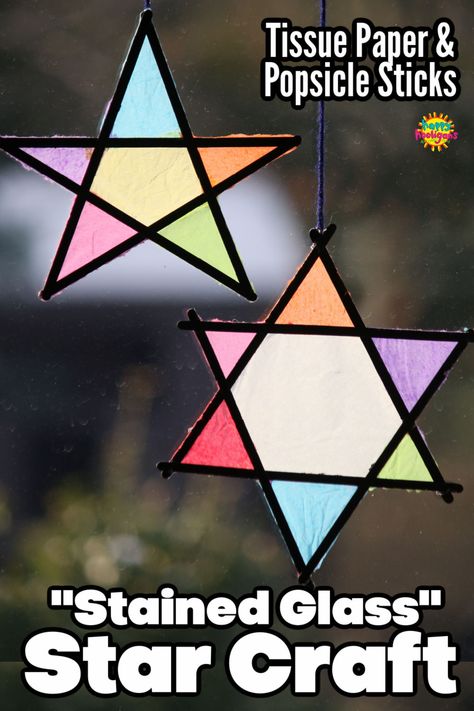 These tissue paper stained glass stars are easy to make with tissue paper and popsicle sticks. Great kids's craft to brighten a window at home or in the classroom! #HappyHooligans #KidsCraft #TissuePaper #StainedGlass #Craft #Project #Elementary #Art #KidsArt Matariki Art, Craft For All Ages, Stained Glass Kits, Hanukkah Crafts, Tissue Paper Crafts, Frog Frog, Maori Art, Stars Craft, Popsicle Stick Crafts