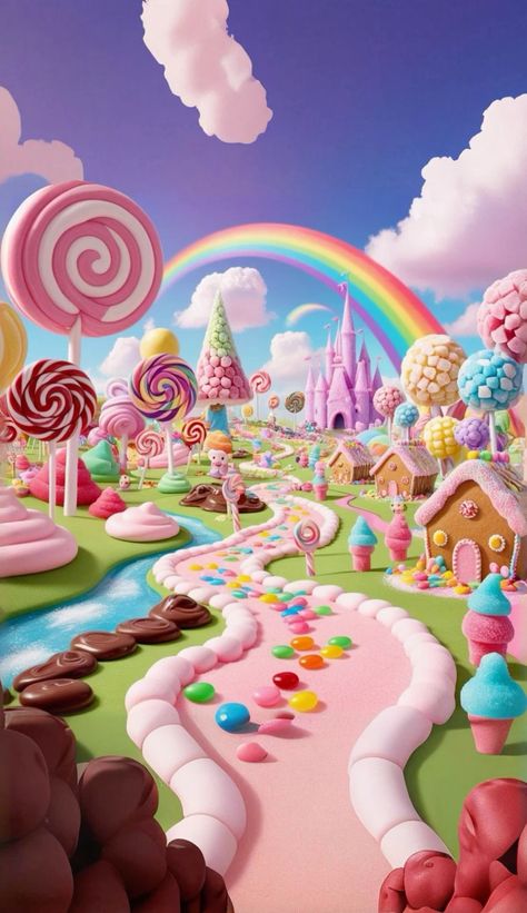 Candyland Carnival Theme, Candy World Drawing, Candy Land Wallpaper, Candy Land Aesthetic, Candyland Wallpaper, Candy Land Nails, Candyland Background, Candyland Castle, Candyland Aesthetic