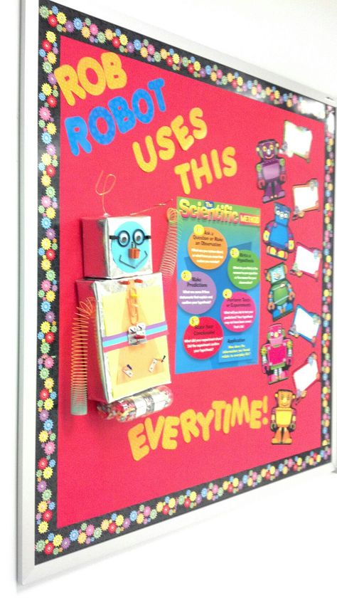 Like the robot!  Change to a welcome back bulletin board... Robot Bulletin Board, Robot Bulletin Board Ideas, Stem Bulletin Boards, Robot Classroom, Computer Project, Science Bulletin Boards, Bible Tools, Teacher Themes, Robot Theme