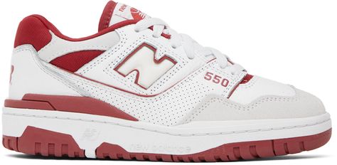 Low-top grained leather, faux-leather, and mesh sneakers in white and red. Suede trim throughout. · Lace-up closure · Logo patch at padded tongue · Padded collar · Logo appliqué at sides · Logo printed at heel counter · Mesh lining · Treaded rubber sole Supplier color: White/Astro dust Red New Balance 550, Astro Dust, Red New Balance, New Balance Trainers, Casual Athletic Shoes, New Balance White, Mesh Sneakers, Casual Sneakers Women, New Balance Sneakers