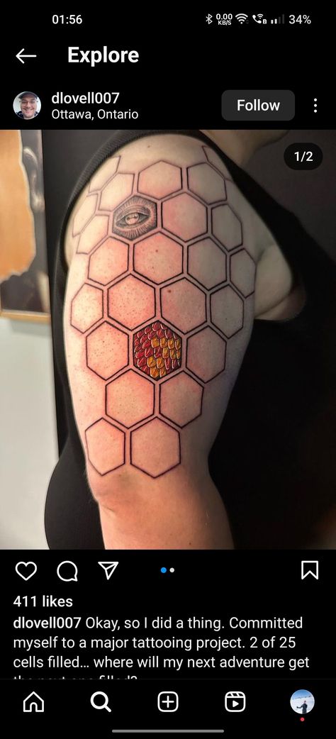 Hex Tattoo Design, Hexagon Sleeve Tattoo Design, Hexagon Leg Tattoo, Honeycomb Pattern Tattoo, Hexagon Tattoo Sleeve, Hexagon Sleeve Tattoo, Octagon Tattoo, Hexagon Tattoo Design, Honeycomb Tattoo Sleeve