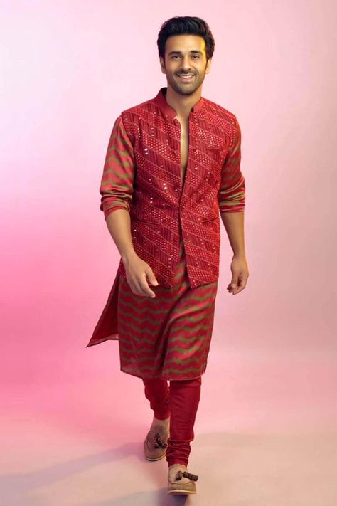 Red Indian Outfit, Male Styling, Pulkit Samrat, Navratri 2023, Punit Balana, Jacket With Embroidery, Kurta Pajama Men, Red Kurta, Kurta Men