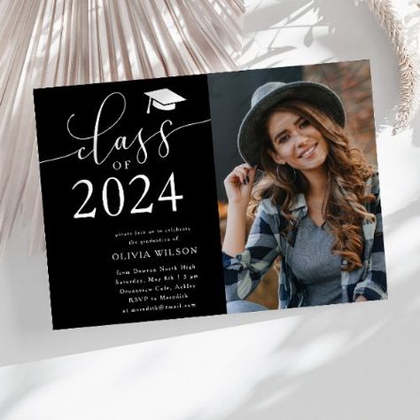 $2.65 | Class of 2024 Black Graduation Party Photo #graduation party invitation, grad party invite, college graduate, photo invite, high school graduate, modern, simple, black, typography, class of 2024 Graduation Invitation Ideas, Simple Graduation Party, Black Graduation Party, Holiday Party Bar, Graduation Invitations High School, Graduation Party Invitations Templates, Graduation Templates, Medical School Graduation, Black Graduation