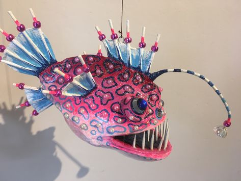 Angler fish Angler Fish Craft, Fish 3d Art, Angler Fish Light, Paper Mache Fish, Angler Fish Lamp, Paper Mache Angler Fish, 3d Fish, Coconut Shell Crafts, Seahorse Art