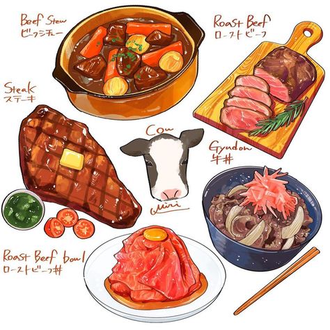 Oc Claims, Meat Drawing, Noodle Art, Foodie Art, Food Artwork, Food Illustration Art, Cute Food Drawings, Cute Food Art, Food Concept