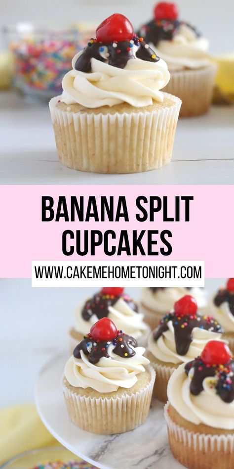 Banana Split Cupcakes taste just like a banana split sundae. Moist banana cupcakes swirled with vanilla buttercream, drizzled with chocolate ganache, and topped with rainbow sprinkles and a cherry. Cupcake Recipes Yellow Cake, Unique Chocolate Cupcake Flavors, Neopolitan Cupcakes Recipe, Dessert Cupcakes Recipes, August Cupcake Ideas, Easy Delicious Cupcakes, Summer Cupcakes Ideas For Kids, Cupcake Recipes Gourmet, Unique Cupcake Recipes Creative