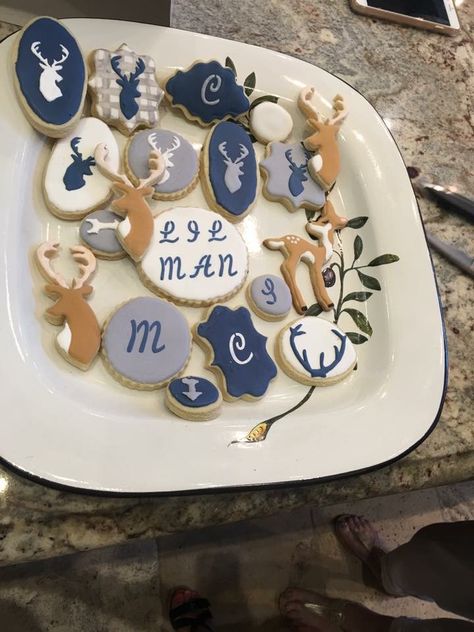 Rustic Navy and grey deer and antlers gray royal iced decorated sugar cookies for baby shower Antler Cookies Decorated, Deer Cookies Decorated, Hunting Theme Baby Shower Ideas, Deer Baby Shower Boy, Cookies For Baby Shower, Business Cookies, Hunting Baby Shower Theme, Baby Boy Cookies, Decorative Cookies