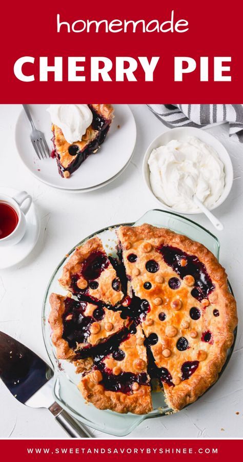 I’m so, so excited to share my favorite cherry pie recipe with you!! This recipe is not only our family’s favorite, but it’s also our readers’ favorite! #sweetcherrypie #sweetcherrypierecipe #sweetcherrypiefilling Best Cherry Pie Recipe, Sully Cake, Buttery Flaky Pie Crust, Homemade Cherry Pie, Sour Cherry Pie, Sweet Cherry Pie, Homemade Cherry Pies, Beaux Desserts, Cherry Pie Recipe