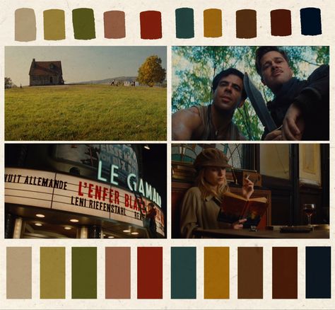 Warm natural summer color palette for the Tarentino World War Two action film Inglourious Basterds #worldwar2 #tarentino #cinema #cinematography #vintage #summer #aesthetic #action #color #colour #colorpallete Vintage Summer Aesthetic, Inglorious Basterds, Cinematography Composition, Color In Film, Movie Color Palette, Vintage Colour Palette, Inglourious Basterds, Cinema Colours, Colour Story