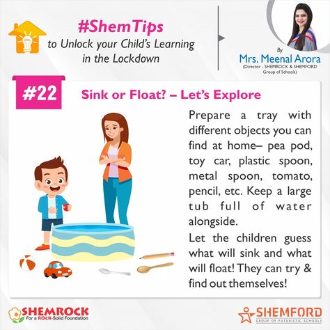 Your child will surely have a lot of fun doing this activity. Explain her why some things sink and some things float with the help of this YouTube video: https://youtu.be/eQuW8G2QV_Q  Record a video of your child while she's doing this activity and share on your social media page using #ShemTips. Let's see just how many guesses does she get right! 😊  #sink #float #floating #water #tub #bathtub #kid #child #children #school #preschool #schooladmission #fyp #bpfyp Sink And Float Activities, Water Tub, Sink Or Float, Floating Water, Activities For Kindergarten, School Admissions, Pea Pods, Plastic Spoons, Social Media Pages