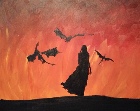 Game Of Thrones Painting Easy, Dragon Painting Easy, Dragon Painting Acrylic Easy, Red Dragon Painting, Dragon Painting, Mythology Paintings, Castle Silhouette, Dragon Queen, Silhouette Painting