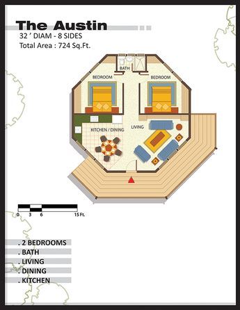 Octagonal Home - The Austin Model - 815sf Octagon Floor Plan, Octagon House Plans Layout, Rondavel House Plans, Hexagon House Plans, Octagon House Plans, Hexagonal House, Octagonal House, Octagonal Summer House, Hexagon House