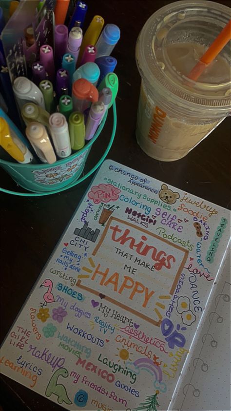 What makes you happy? Think about it and jot it down! #bulletjournal #journaling #bujoideas #bujoinspiration Gratitude Journal Ideas Creative, Dbt Diary Card, Aesthetic Journaling, Fb Games, Bulletin Journal, Bookmarks Diy, Happiness Journal, Bulletin Journal Ideas, Self Care Bullet Journal