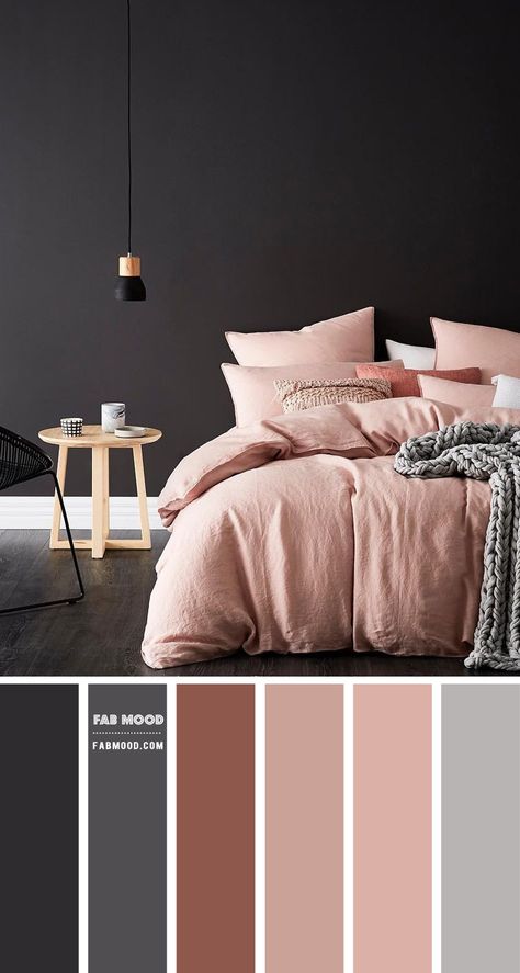 This bedroom mixes a romantic feel. The gorgeous color palette of charcoal and mauve pink — Here, it shows off its feminine side of... Mauve Pink Bedroom, Mauve Bedroom, Charcoal Bedroom, Beautiful Bedroom Colors, Wedding Color Palettes, Bedroom Colour Palette, Colors Wedding, Bedroom Color, Bedroom Color Schemes