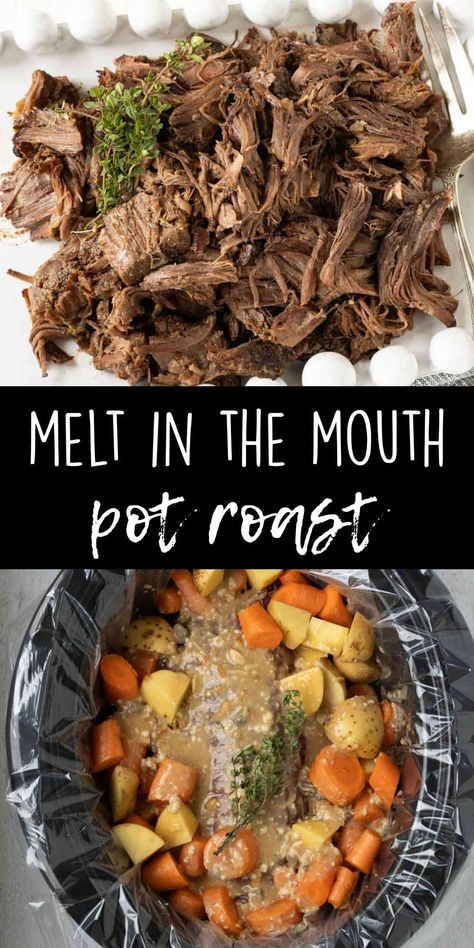 This melt in the mouth beef roast recipe is the best pot roast made with mushroom soup, dry onion soup mix, potatoes, and carrots! The meat will be so tender it will literally fall apart! Easy Crockpot Roast, Healthy Pot Roast, Chuck Roast Crock Pot Recipes, Crock Pot Chuck Roast, Roast Beef Crock Pot Recipes, Beef Sausage Recipes, Beef Roast Crock Pot, Crockpot Pot Roast, Crockpot Roast Recipes