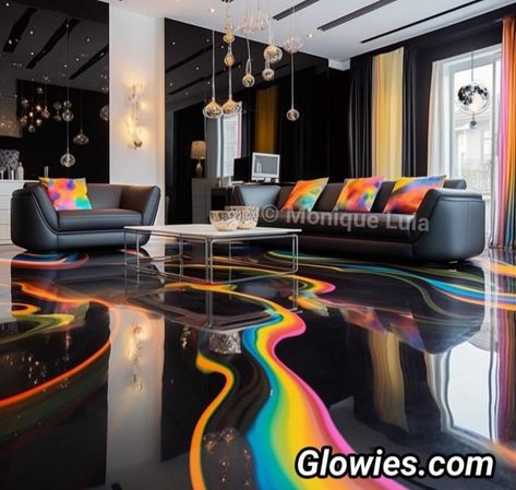 Glitter Epoxy Floors In Home, Black And Rainbow Furniture, Black And Gold Epoxy Floor, Epoxy Floor Dark, Metallic Epoxy Floor Living Room, Galaxy Floor Epoxy, Epoxy Floor Designs, Colorful Room Decor, Future Apartment Decor